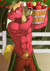 Size: 1280x1811 | Tagged: safe, artist:grumpygriffcreation, derpibooru import, big macintosh, anthro, earth pony, abs, apple, basket, clothes, food, hoers, image, jpeg, male, pants, pubic fluff, solo