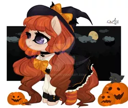 Size: 1024x863 | Tagged: safe, artist:ponsel, derpibooru import, oc, unofficial characters only, bat pony, pony, base used, bat pony oc, bat wings, bow, clothes, cloud, dress, female, full moon, halloween, hat, holiday, image, jack-o-lantern, jpeg, mare, moon, pumpkin, socks, solo, striped socks, wings, witch hat