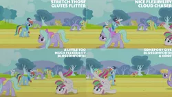Size: 1280x720 | Tagged: safe, derpibooru import, edit, edited screencap, editor:quoterific, screencap, blossomforth, cloud kicker, cloudchaser, dizzy twister, flitter, lightning bolt, merry may, orange swirl, rainbow dash, sunshower raindrops, white lightning, pegasus, pony, hurricane fluttershy, season 2, eyes closed, female, image, mare, open mouth, open smile, png, smiling, spread wings, whistle, whistle necklace, wings