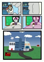 Size: 2466x3497 | Tagged: safe, artist:checker "doodle" board, derpibooru import, oc, oc:elinvar, oc:oretha, anthro, clothes, comic, image, jpeg, lab coat, macto, micro, size difference