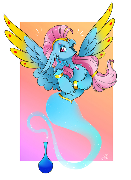 Size: 1592x2177 | Tagged: safe, artist:opalacorn, derpibooru import, oc, oc:wishgriff, unofficial characters only, classical hippogriff, genie, hippogriff, bottle, bracelet, circlet, female, floating, gradient background, image, jewelry, jpeg, looking at you, passepartout, raffle prize, simple background, smiling, smiling at you, solo, spread wings, wing jewelry, wings