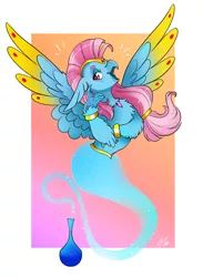 Size: 1592x2177 | Tagged: safe, artist:opalacorn, derpibooru import, oc, oc:wishgriff, unofficial characters only, classical hippogriff, genie, hippogriff, bottle, bracelet, circlet, female, floating, gradient background, image, jewelry, jpeg, looking at you, passepartout, raffle prize, simple background, smiling, smiling at you, solo, spread wings, wing jewelry, wings