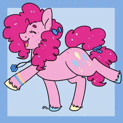Size: 1000x1000 | Tagged: safe, artist:/d/non, derpibooru import, pinkie pie, bow, bracelet, colored hooves, confetti, curly hair, februpony, freckles, hair bow, image, jewelry, necklace, open mouth, pink hair, png, raised leg, simple background, tail, tied tail