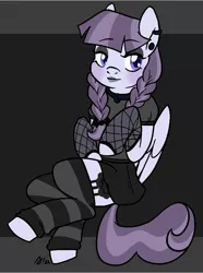 Size: 747x1002 | Tagged: safe, artist:/d/non, derpibooru import, inky rose, pegasus, blue eyes, blushing, braid, clothes, ear piercing, eyeshadow, februpony, fishnets, goth, gray background, image, lipstick, makeup, piercing, png, purple hair, simple background, skirt, socks, wings