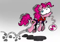 Size: 1516x1064 | Tagged: safe, artist:andreu-t, derpibooru import, pinkie pie, earth pony, pony, alternate cutie mark, female, gradient background, image, jpeg, jumping, solo, whistling