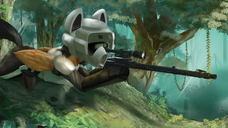 Size: 3840x2160 | Tagged: safe, artist:naafreelanceartist, derpibooru import, oc, unofficial characters only, pegasus, pony, aiming, armor, gun, helmet, image, lying down, png, prone, rifle, solo, tree, weapon