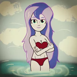 Size: 1034x1024 | Tagged: safe, artist:sarahthefox97, derpibooru import, princess luna, equestria girls, bikini, breasts, cleavage, clothes, crossed arms, female, image, jpeg, smiling, solo, swimsuit, vice principal luna, wading, water