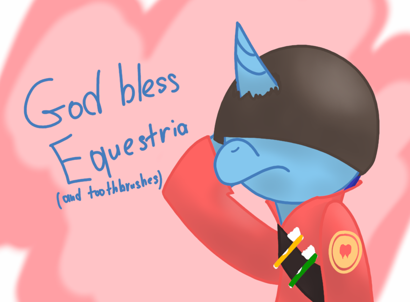 Size: 950x700 | Tagged: safe, artist:kanw, derpibooru import, minuette, pony, unicorn, crossover, derpibooru exclusive, helmet, image, png, salute, simple background, soldier, solo, team fortress 2, text, toothbrush