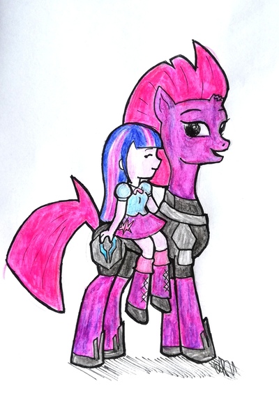 Size: 1414x2121 | Tagged: safe, artist:fude-chan-art, derpibooru import, twilight sparkle, human, pony, unicorn, equestria girls, broken horn, clothes, duo, female, horn, image, jpeg, riding a pony, skirt, traditional art