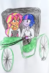 Size: 1499x2249 | Tagged: safe, artist:fude-chan-art, derpibooru import, sunset shimmer, twilight sparkle, equestria girls, duo, female, image, jpeg, stagecoach, traditional art