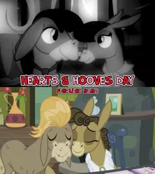 Size: 1280x1440 | Tagged: safe, artist:not-yet-a-brony, derpibooru import, edit, edited screencap, screencap, cranky doodle donkey, matilda, donkey, a friend in deed, slice of life (episode), 2022, black and white, crankilda, february, female, gazing, grayscale, hearts and hooves day, holiday, husband and wife, i wonder, image, looking at each other, looking at someone, louis armstrong, lyrics in the description, male, monochrome, nuzzling, older, png, shipping, smiling, smiling at each other, song reference, straight, then and now, valentine's day, younger, youtube link in the description