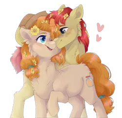 Size: 5479x5286 | Tagged: safe, artist:twinkesus, derpibooru import, bright mac, pear butter, earth pony, pony, cheek fluff, chest fluff, duo, ear fluff, female, flower, flower in hair, heart, image, male, png, shipping, simple background, straight, transparent background