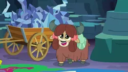 Size: 1280x720 | Tagged: safe, derpibooru import, screencap, yona, yak, season 9, uprooted, spoiler:s09, cave of harmony, cloven hooves, cute, fence, happy, image, monkey swings, png, solo, yonadorable