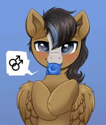 Size: 1877x2217 | Tagged: suggestive, artist:confetticakez, derpibooru import, oc, oc:gear (gearslavehorse), unofficial characters only, pegasus, pony, condom, condom in mouth, image, implied gay, jpeg, male, mouth hold, simple background, solo, solo male, stallion
