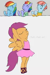 Size: 682x1023 | Tagged: safe, artist:fude-chan-art, derpibooru import, bow hothoof, rainbow dash, scootaloo, windy whistles, pegasus, pony, bipedal, clapping, clothes, eyes closed, female, image, jpeg, solo, traditional art