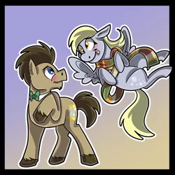 Size: 3000x3000 | Tagged: safe, artist:wulfums, derpibooru import, derpy hooves, doctor whooves, time turner, earth pony, pegasus, blushing, clothes, couple, doctorderpy, februpony, female, flying, image, male, png, scarf, shipping, straight