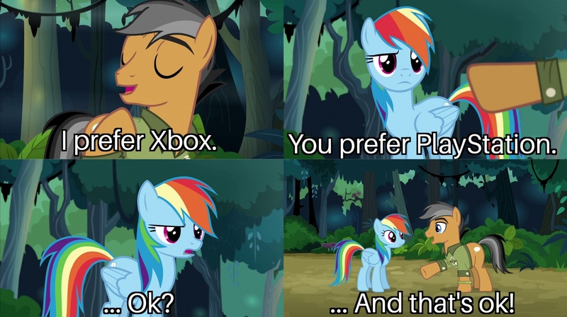 Size: 3464x1939 | Tagged: safe, derpibooru import, edit, edited screencap, screencap, quibble pants, rainbow dash, earth pony, pegasus, pony, stranger than fan fiction, female, image, jpeg, male, playstation, positive message, scene interpretation, wings, xbox