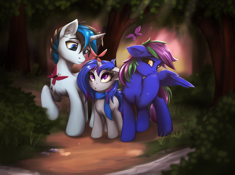 Size: 2048x1522 | Tagged: safe, artist:teta, derpibooru import, oc, oc:lishka, oc:solar gizmo, unofficial characters only, butterfly, insect, pegasus, pony, unicorn, clothes, female, filly, foal, forest, forest background, horn, image, male, mare, outdoors, pegasus oc, png, raised hoof, scarf, stallion, tree, trio, unicorn oc, wings