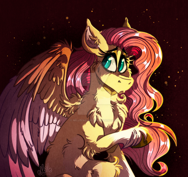 Size: 1280x1208 | Tagged: safe, artist:millefaller, derpibooru import, fluttershy, pegasus, pony, cheek fluff, chest fluff, coat markings, colored hooves, deviantart watermark, ear fluff, elbow fluff, female, fluffy, image, leg fluff, looking away, looking sideways, mare, night, obtrusive watermark, open mouth, outdoors, png, raised hoof, sitting, socks (coat marking), solo, spread wings, unshorn fetlocks, watermark, wing fluff, wings, worried