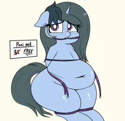 Size: 1558x1506 | Tagged: suggestive, artist:blitzyflair, derpibooru import, oc, oc:blitzy flair, unofficial characters only, pony, unicorn, belly button, chubby, eye clipping through hair, fat, female, floppy ears, freckles, free, image, jpeg, mare, mouth hold, plump, ribbon, sign, solo, solo female, tied up, wide hips