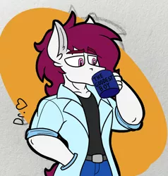 Size: 1734x1821 | Tagged: safe, derpibooru import, oc, oc:dr.heart, unofficial characters only, anthro, clydesdale, belt, colored, digital art, dilf, doctor, doctors coat, drinking, flat colors, image, male, mug, png, waist up