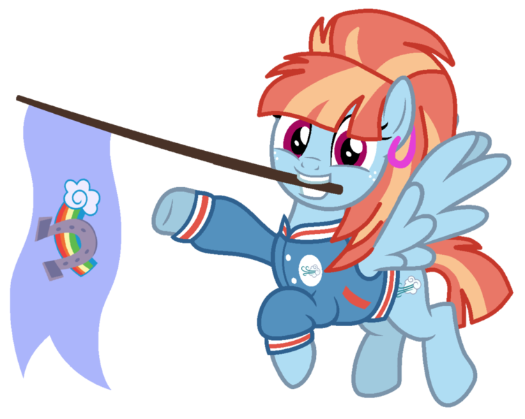 Size: 1000x797 | Tagged: safe, artist:katnekobase, artist:midnightmuffinda, derpibooru import, windy whistles, pegasus, pony, alternate hairstyle, base used, cheerleader, clothes, cute, ear piercing, earring, female, flag, flying, grin, image, jersey, jewelry, mare, mouth hold, piercing, png, raised hoof, simple background, smiling, solo, transparent background, windybetes, younger