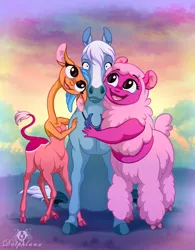 Size: 781x1000 | Tagged: safe, artist:dolphydolphiana, derpibooru import, oc, unofficial characters only, alpaca, antelope, centaur, chimera, horse, taur, barely pony related, centaurworld, image, jpeg, lama, pony reference, trio, voice actor joke