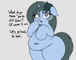 Size: 2082x1652 | Tagged: safe, artist:blitzyflair, derpibooru import, oc, oc:blitzy flair, unofficial characters only, pony, unicorn, belly button, bipedal, butt, chubby, dialogue, fat, female, floppy ears, freckles, image, jpeg, large butt, looking at you, mare, obese, open mouth, plump, question, raised hoof, schizophrenia, simple background, solo, wide hips