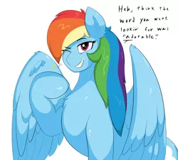 Size: 3000x2700 | Tagged: safe, artist:astrum, derpibooru import, part of a set, rainbow dash, pegasus, pony, bait and switch, chest fluff, cute, dashabetes, dialogue, digital art, female, high res, image, looking at you, mare, one eye closed, png, pointing, pointing at self, raised hoof, simple background, sitting, smiling, solo, talking to viewer, wings, wink, winking at you
