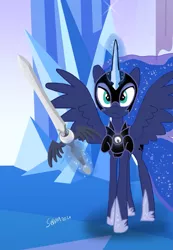 Size: 1349x1945 | Tagged: safe, artist:sarahthefox97, derpibooru import, princess luna, alicorn, pony, armor, female, glow, glowing horn, horn, image, jpeg, magic, solo, sword, telekinesis, warrior luna, weapon