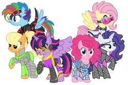 Size: 1800x1200 | Tagged: safe, artist:icey-wicey-1517, artist:rmv-art, color edit, derpibooru import, edit, applejack, fluttershy, pinkie pie, rainbow dash, rarity, twilight sparkle, twilight sparkle (alicorn), alicorn, cyborg, earth pony, pegasus, pony, unicorn, alternate hairstyle, amputee, armor, augmented, belt, boots, clothes, collaboration, colored, cyberpunk, ear piercing, earring, eyeshadow, flying, freckles, goggles, grin, high heel boots, image, jewelry, makeup, mane six, open mouth, piercing, png, prosthetic limb, prosthetics, shoes, simple background, smiling, transparent background