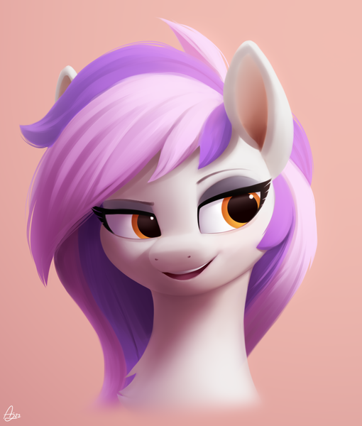 Size: 850x1000 | Tagged: safe, artist:luminousdazzle, derpibooru import, oc, oc:mewio, unofficial characters only, pegasus, pony, bust, eyeshadow, female, image, looking away, makeup, mare, open mouth, open smile, orange eyes, pegasus oc, pink background, png, portrait, raised eyebrow, semi-realistic, shading, signature, simple background, smiling, smug, solo, two toned mane, wings