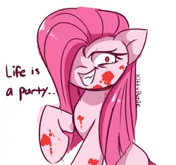 Size: 5136x4806 | Tagged: semi-grimdark, artist:kittyrosie, derpibooru import, pinkie pie, earth pony, pony, absurd resolution, blood, cute, cuteamena, dialogue, female, grimcute, grin, hair over one eye, hooves, image, life is a party, mare, no pupils, pinkamena diane pie, png, raised hoof, red pupils, signature, simple background, smiling, solo, white background