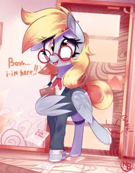 Size: 1080x1382 | Tagged: safe, artist:nevobaster, derpibooru import, derpy hooves, pegasus, pony, businessmare, clothes, crack, cute, derp, derpabetes, dialogue, female, folder, glasses, image, looking at you, mare, meganekko, office, pencil, png, round glasses, solo, suit, writing