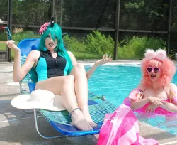 Size: 749x612 | Tagged: photographer needed, safe, artist:amazonmandy, artist:angelsamui, derpibooru import, queen chrysalis, oc, oc:fluffle puff, human, barefoot, clothes, cosplay, costume, feet, image, irl, irl human, irl photo, jpeg, photo, sunglasses, swimming pool