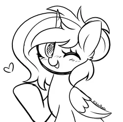 Size: 2686x2665 | Tagged: safe, artist:kittyrosie, derpibooru import, oc, unofficial characters only, alicorn, pony, alicorn oc, floating heart, heart, horn, image, monochrome, one eye closed, open mouth, png, sketch, tongue out, wings