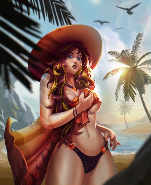 Size: 1600x1961 | Tagged: source needed, suggestive, artist:conquartist, derpibooru import, sunset shimmer, equestria girls, beach, bikini, bikini bottom, clothes, image, jpeg, sultry pose, summer, swimsuit, tropical