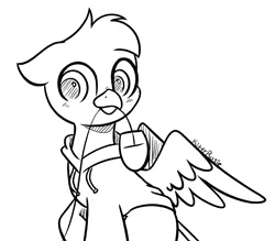 Size: 4956x4343 | Tagged: safe, artist:kittyrosie, derpibooru import, oc, unofficial characters only, gryphon, clothes, computer mouse, griffon oc, hoodie, image, monochrome, mouth hold, png, sketch