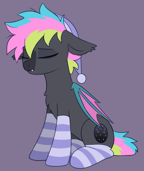 Size: 840x1000 | Tagged: safe, artist:luminousdazzle, derpibooru import, oc, oc:black opal, unofficial characters only, bat pony, pony, bed mane, chest fluff, clothes, colored, cutie mark, ear fluff, eyes closed, fangs, female, flat colors, folded wings, hat, image, mare, png, simple background, sleepy, socks, solo, solo female, striped socks, wings