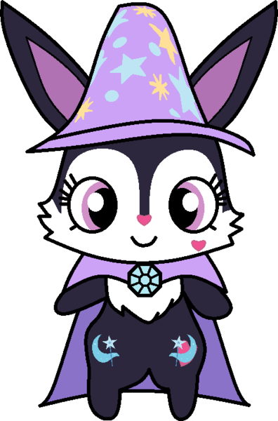 Size: 480x728 | Tagged: safe, artist:mega-poneo, derpibooru import, trixie, rabbit, semi-anthro, animal, both cutie marks, cape, character to character, clothes, female, hat, heart, image, jewelpet, luea, png, solo, transformation, trixie's brooch, trixie's cape, trixie's hat