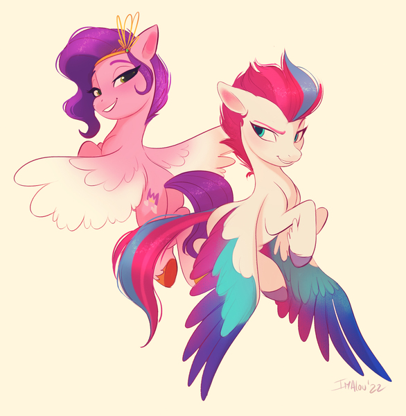 Size: 2423x2481 | Tagged: safe, artist:imalou, derpibooru import, pipp petals, zipp storm, pegasus, pony, butt, duo, duo female, female, flying, g5, grin, high res, image, jpeg, lidded eyes, looking at you, looking back, looking back at you, mare, pipp butt, plot, rear view, siblings, simple background, sisters, smiling, smiling at you, spread wings, tan background, wings