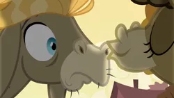 Size: 1152x648 | Tagged: safe, derpibooru import, screencap, cranky doodle donkey, matilda, donkey, a friend in deed, season 2, crankilda, duo, female, image, kissing, male, nose kiss, png, shipping, shipping fuel, straight