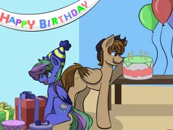 Size: 1200x900 | Tagged: safe, artist:doodle-hooves, derpibooru import, oc, oc:lishka, oc:talu gana, unofficial characters only, pegasus, pony, balloon, birthday, cake, commissioner:biohazard, cowboy hat, duo, eye clipping through hair, eyebrows, eyebrows visible through hair, eyelashes, female, food, happy birthday, hat, image, jpeg, male, mare, open mouth, open smile, pegasus oc, present, purple eyes, smiling, stallion, stetson, tail, two toned mane, two toned tail, wings