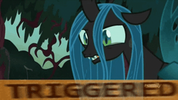 Size: 720x405 | Tagged: safe, derpibooru import, edit, edited screencap, screencap, queen chrysalis, changeling, changeling queen, animated, eye twitch, female, gif, image, meme, triggered
