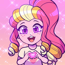 Size: 1300x1300 | Tagged: safe, artist:residentrabbit, derpibooru import, oc, oc:honeycrisp blossom, equestria girls, child, cute, female, freckles, gradient background, heart, heart hands, image, jpeg, looking at you, ocbetes, offspring, open mouth, open smile, parent:big macintosh, parent:princess cadance, parents:cadmac, ponytail, smiling, smiling at you, solo, sparkles