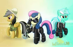 Size: 2913x1865 | Tagged: safe, artist:lordshrekzilla20, derpibooru import, bon bon, daring do, lyra heartstrings, sweetie drops, fanfic:the one true king, clothes, image, jpeg, jumpsuit, sunglasses