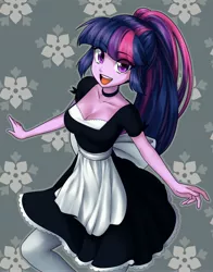Size: 3218x4096 | Tagged: safe, artist:rileyav, derpibooru import, twilight sparkle, equestria girls, breasts, busty twilight sparkle, cleavage, clothes, dress, image, jpeg, looking at you, maid, open mouth, open smile, ponytail, smiling, smiling at you, socks, stockings, thigh highs