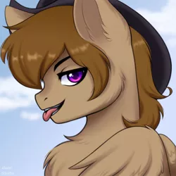 Size: 960x960 | Tagged: safe, artist:alune, derpibooru import, oc, oc:talu gana, unofficial characters only, pegasus, pony, :p, bust, chest fluff, commission, commissioner:biohazard, cowboy hat, ear fluff, eyebrows, flirty, hat, image, jpeg, looking at you, male, pegasus oc, purple eyes, simple background, solo, stallion, stetson, tongue out, wings, ych result