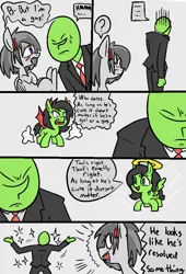 Size: 728x1071 | Tagged: safe, artist:happy harvey, derpibooru import, rumble, oc, oc:anon, oc:anonfilly, ponified, human, pegasus, pony, angel, bisexual, bow, clothes, colt, comic, crossdressing, demon wings, devil, devil horns, dialogue, drawn on phone, drawthread, female, filly, foal, hair bow, halo, horns, image, male, png, shoulder angel, shoulder devil, sparkles, suit, trap, wings
