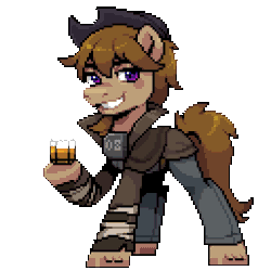 Size: 640x640 | Tagged: safe, artist:hikkage, derpibooru import, oc, oc:talu gana, unofficial characters only, pegasus, pony, alcohol, animated, blinking, commission, commissioner:biohazard, cowboy hat, eyebrows, fallout, gif, glass, grin, hat, hoof hold, idle animation, image, male, ncr ranger, pegasus oc, pixel art, purple eyes, raised hoof, simple background, smiling, solo, stallion, stetson, transparent background, wings
